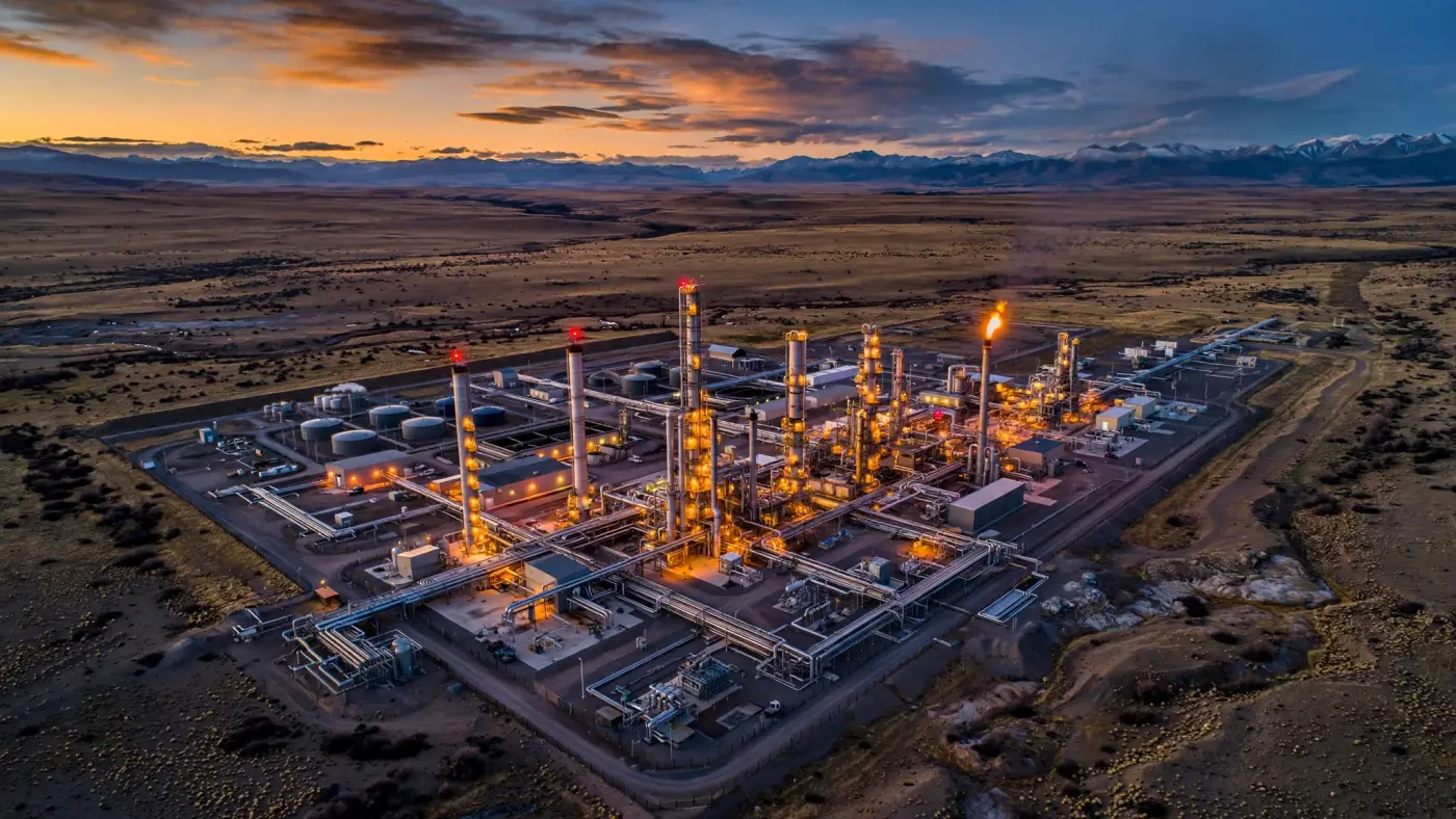 Vista aérea al atardecer de una planta de tratamiento de gas en la estepa patagónica