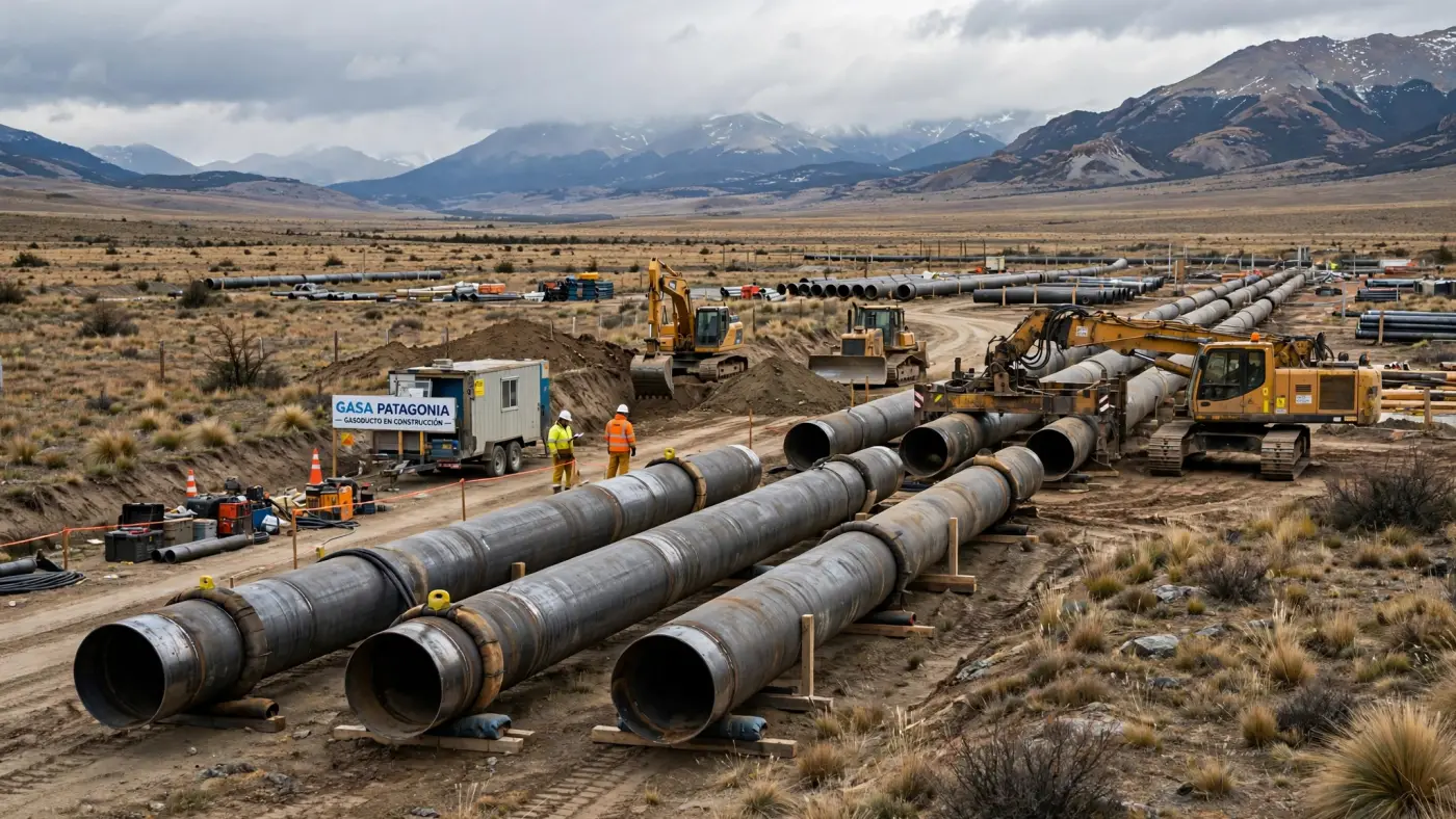 Gasoducto en construcción a través de la estepa patagónica