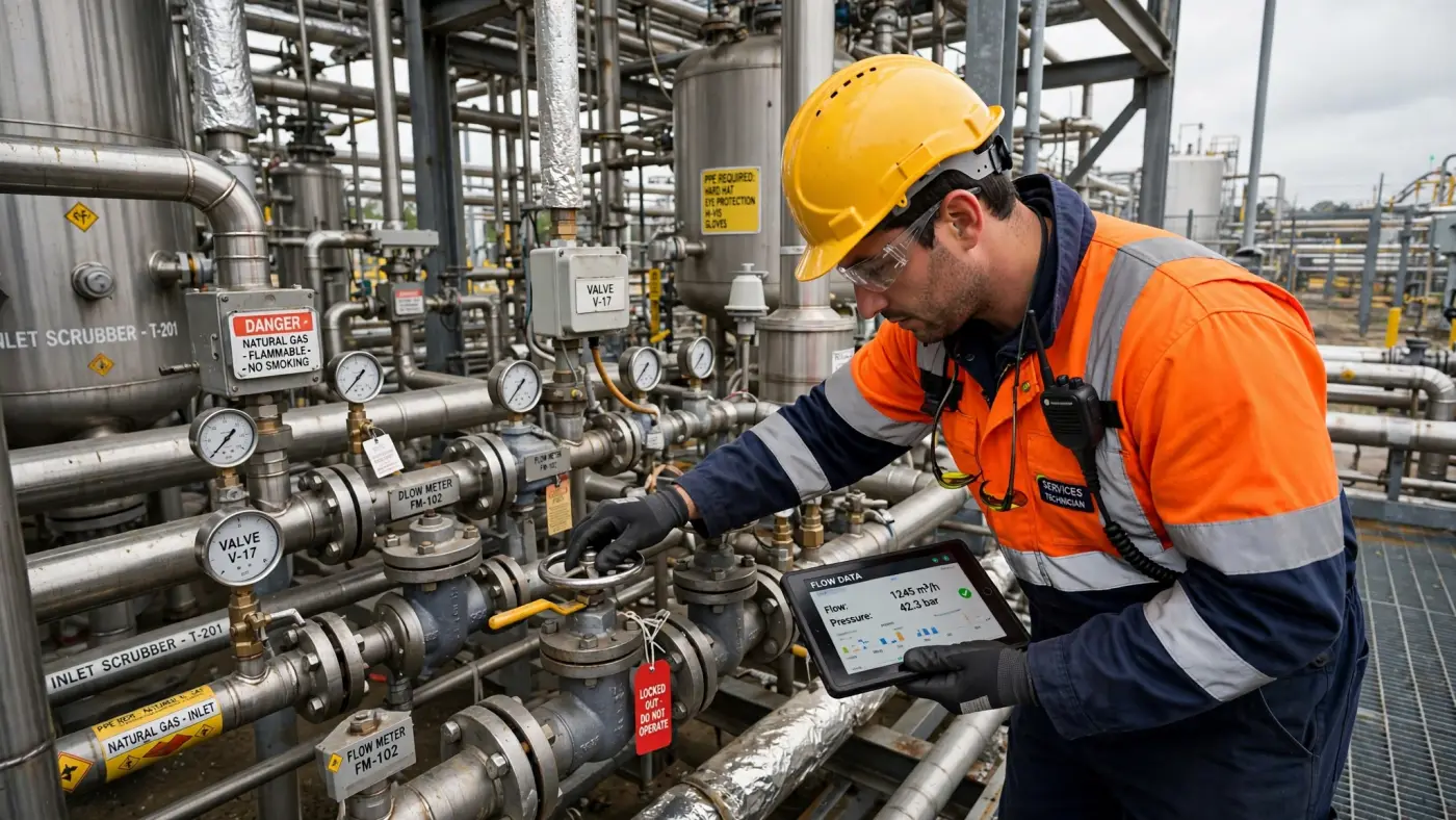 Técnico verificando caudalímetros en una planta de procesamiento de gas natural