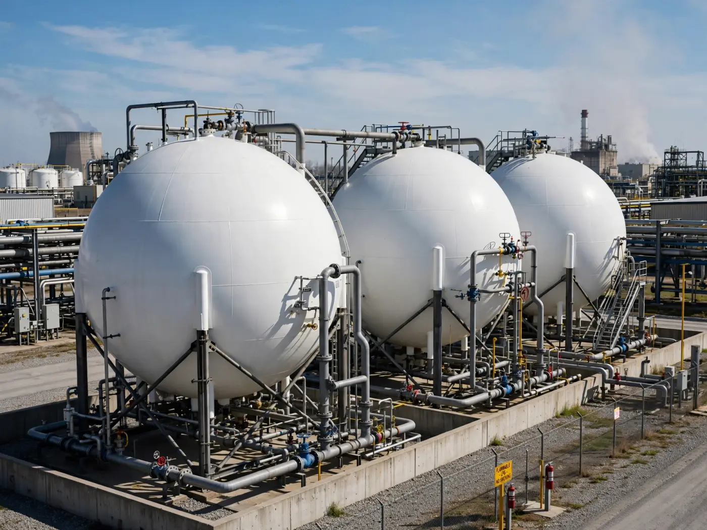 Esferas de almacenamiento de GLP en una instalación industrial petroquímica