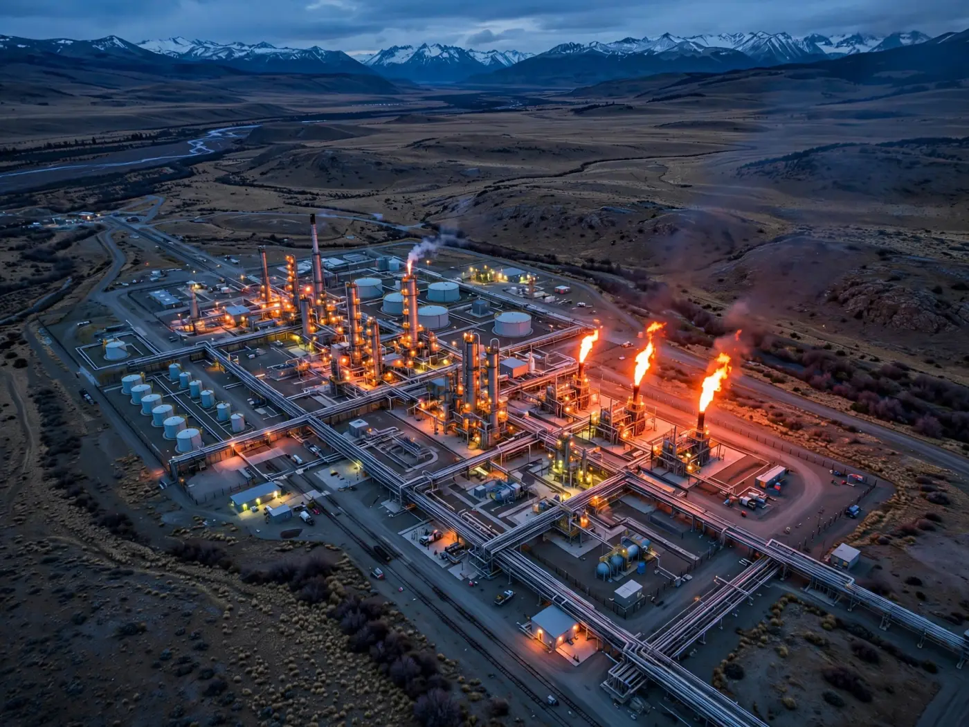 Vista aérea nocturna de una planta de tratamiento de gas en la Patagonia argentina